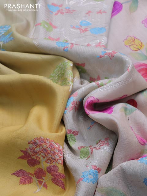 Yellow -Beige Banarasi Tussar Georgette Silk Saree With Embroided Butta & Hand Painted Border Prints