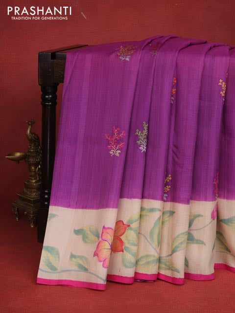 Pink-Purple Banarasi Tussar Georgette Silk Saree With Embroided Butta & Hand Painted Border Prints