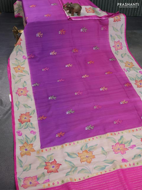 Pink-Purple Banarasi Tussar Georgette Silk Saree With Embroided Butta & Hand Painted Border Prints