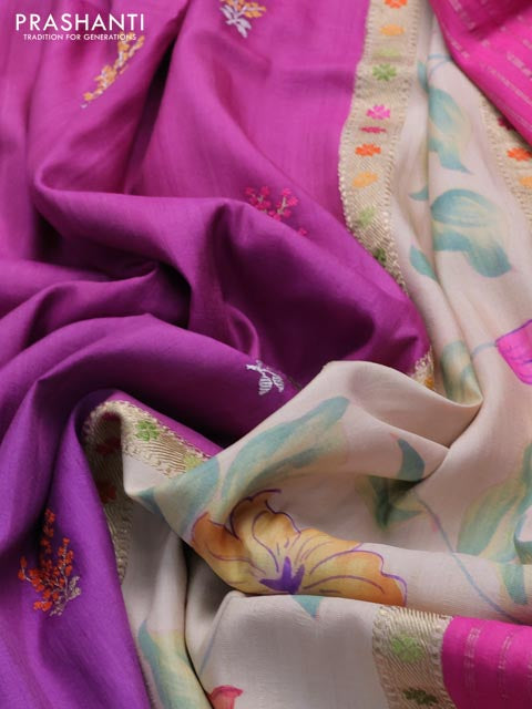 Pink-Purple Banarasi Tussar Georgette Silk Saree With Embroided Butta & Hand Painted Border Prints