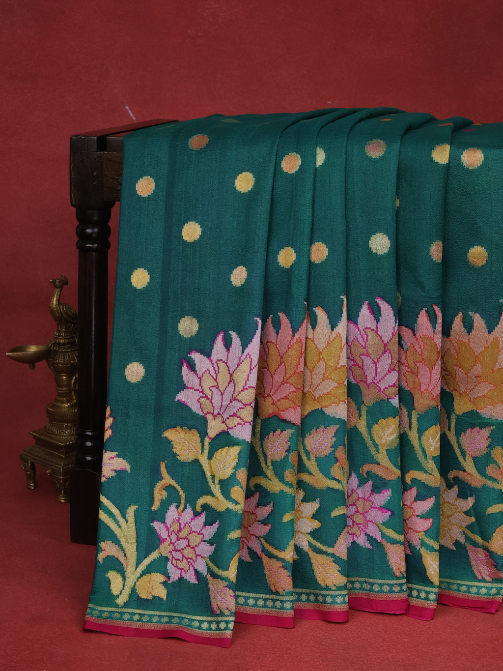 Green -Pink Banarasi Tussar Georgette Silk Saree With Paithani Weaves