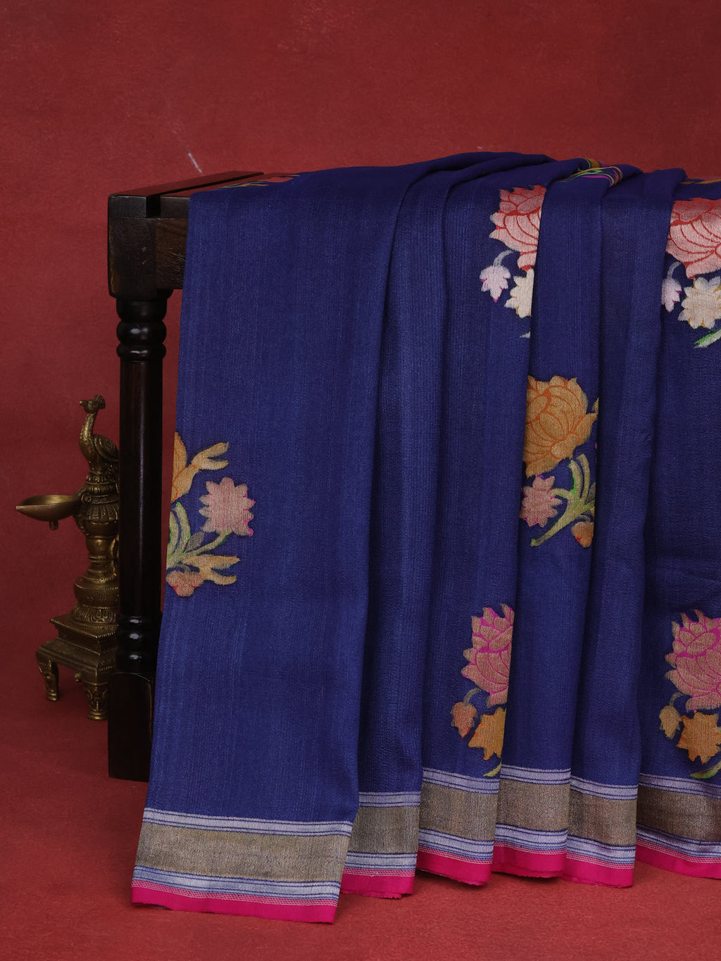 Blue -Pink Banarasi Tussar Georgette Silk Saree With Floral Buttas & Zari Border