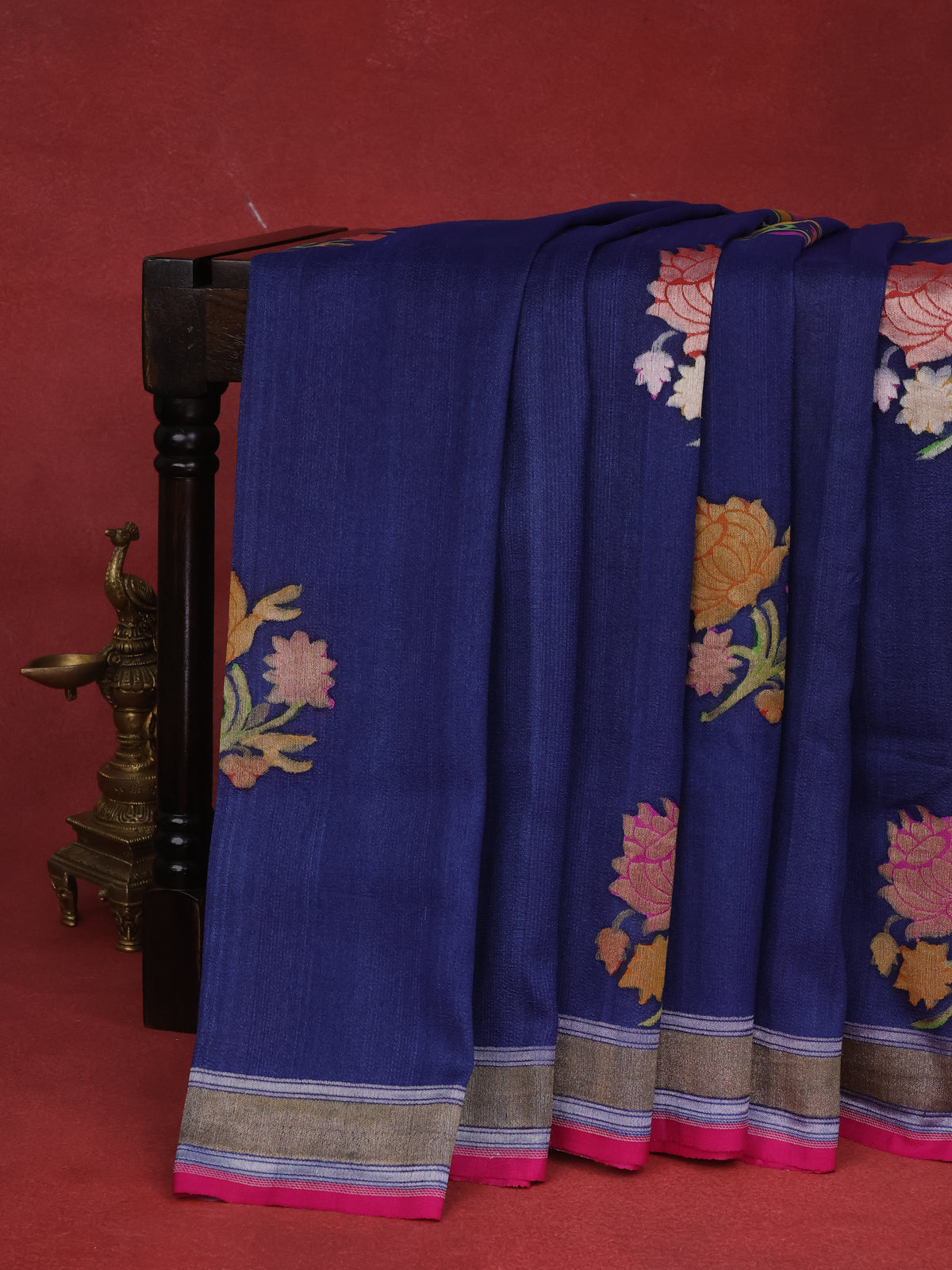 Blue -Pink Banarasi Tussar Georgette Silk Saree With Floral Buttas & Zari Border