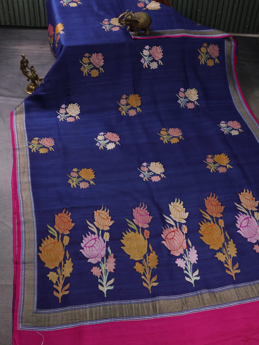 Blue -Pink Banarasi Tussar Georgette Silk Saree With Floral Buttas & Zari Border