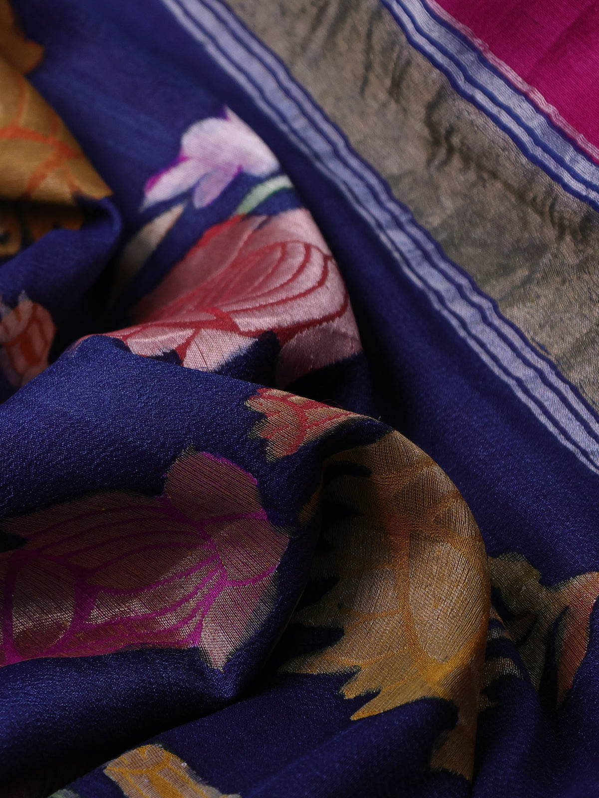 Blue -Pink Banarasi Tussar Georgette Silk Saree With Floral Buttas & Zari Border