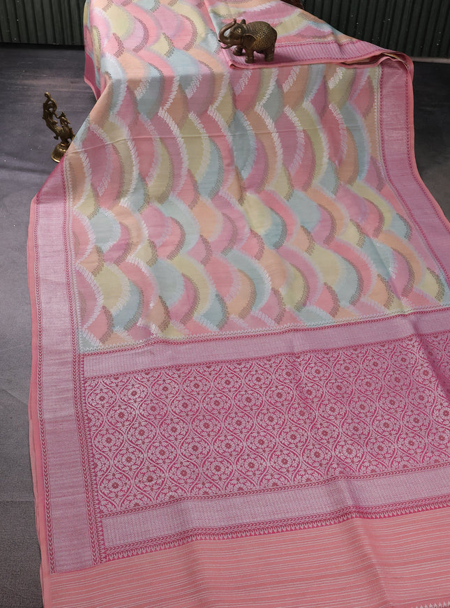 Multi Colour Banarasi Tussar Georgette Silk Saree With Allover Silver & Gold Zari Weaves