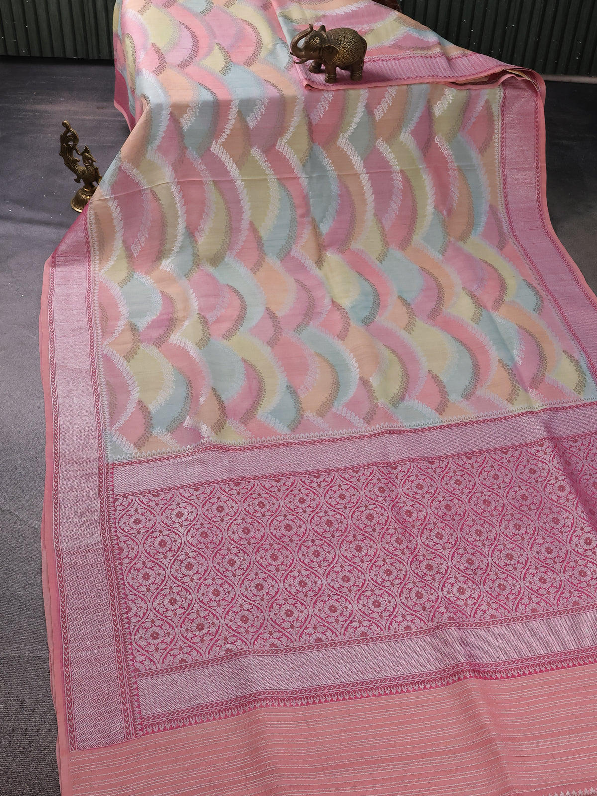 Multi Colour Banarasi Tussar Georgette Silk Saree With Allover Silver & Gold Zari Weaves