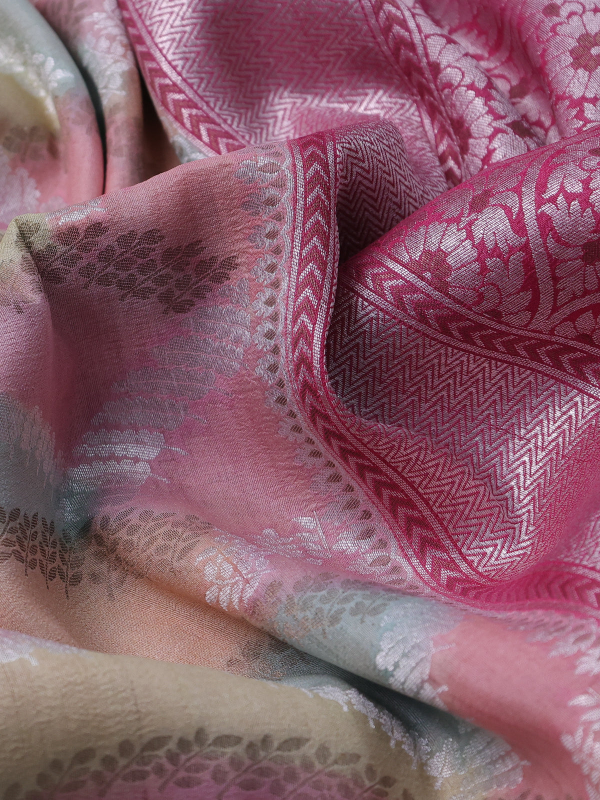 Multi Colour Banarasi Tussar Georgette Silk Saree With Allover Silver & Gold Zari Weaves