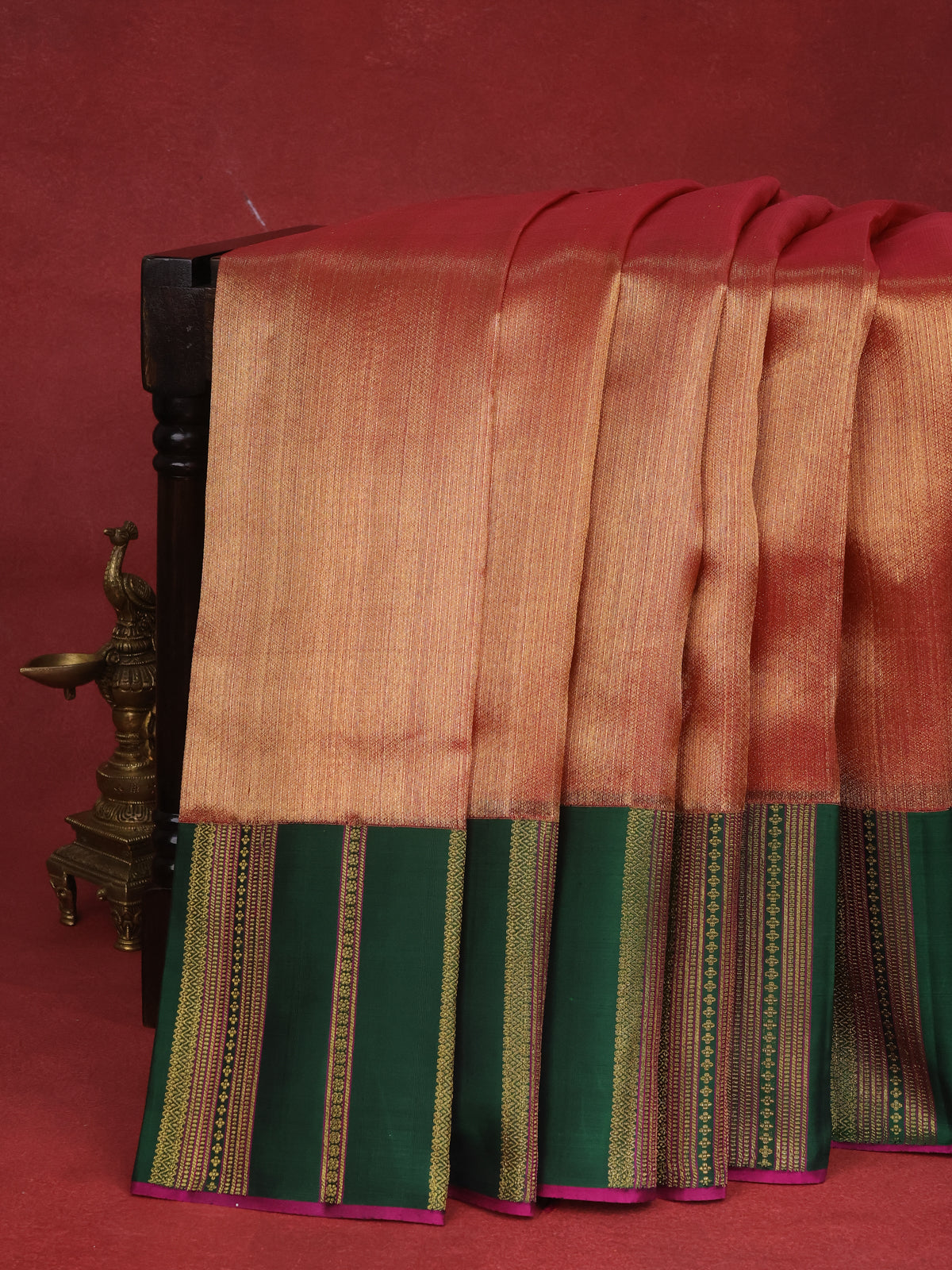 Golden Pink & Green Kanchipuram Tissue Kora Silk Saree With Allover Zari weaves & Panel Zari Weave Border