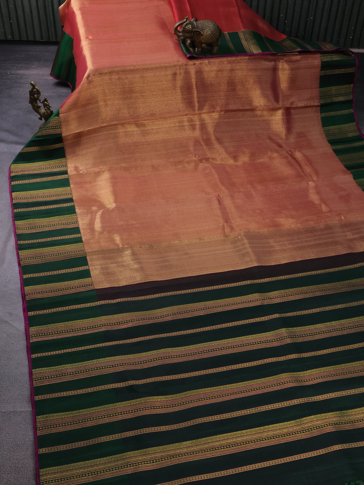 Golden Pink & Green Kanchipuram Tissue Kora Silk Saree With Allover Zari weaves & Panel Zari Weave Border