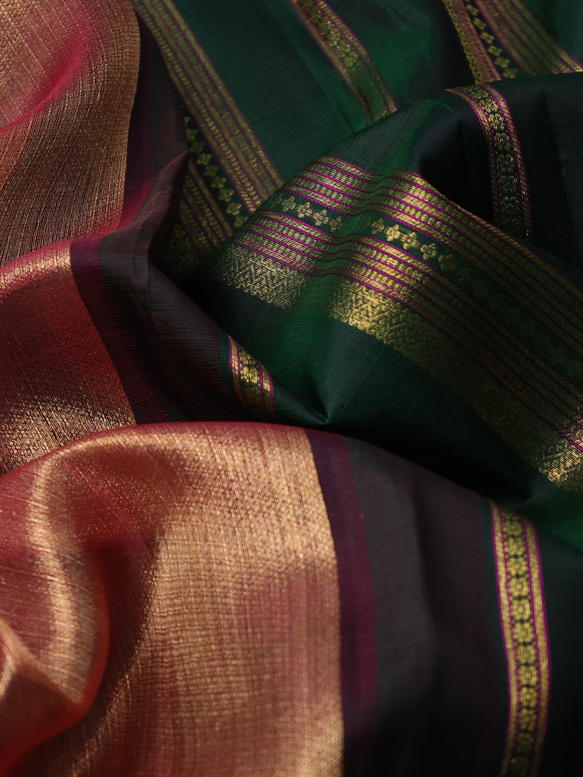 Golden Pink & Green Kanchipuram Tissue Kora Silk Saree With Allover Zari weaves & Panel Zari Weave Border