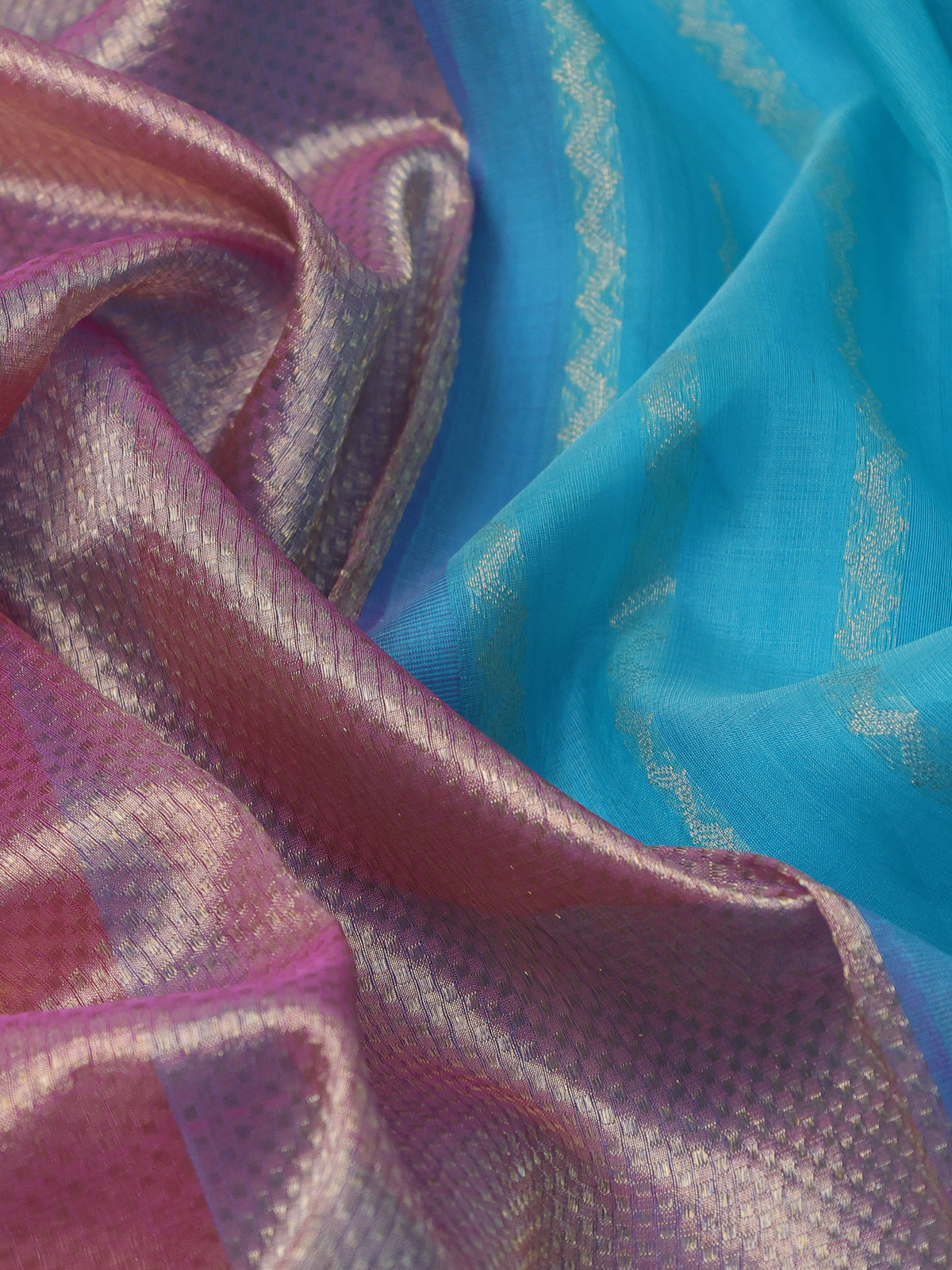 Onion Pink & Teal Kanchipuram Tissue Silk Kora Saree With Allover Golden Zari Weaves & Korvai Border
