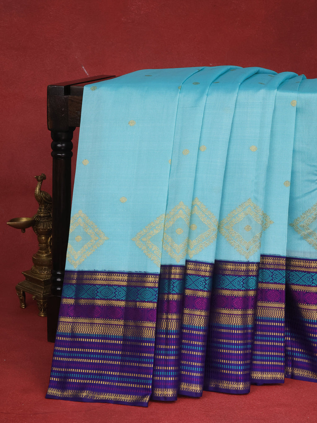 Teal Blue & Dark Blue Kanchipuram Kora Silk Saree With Zari Buttas & Rich Zari Border