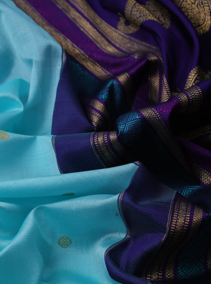 Teal Blue & Dark Blue Kanchipuram Kora Silk Saree With Zari Buttas & Rich Zari Border