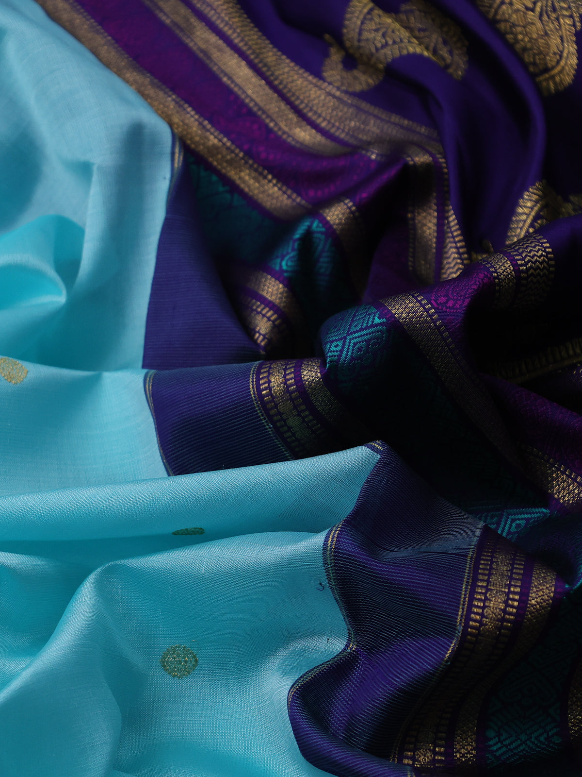 Teal Blue & Dark Blue Kanchipuram Kora Silk Saree With Zari Buttas & Rich Zari Border