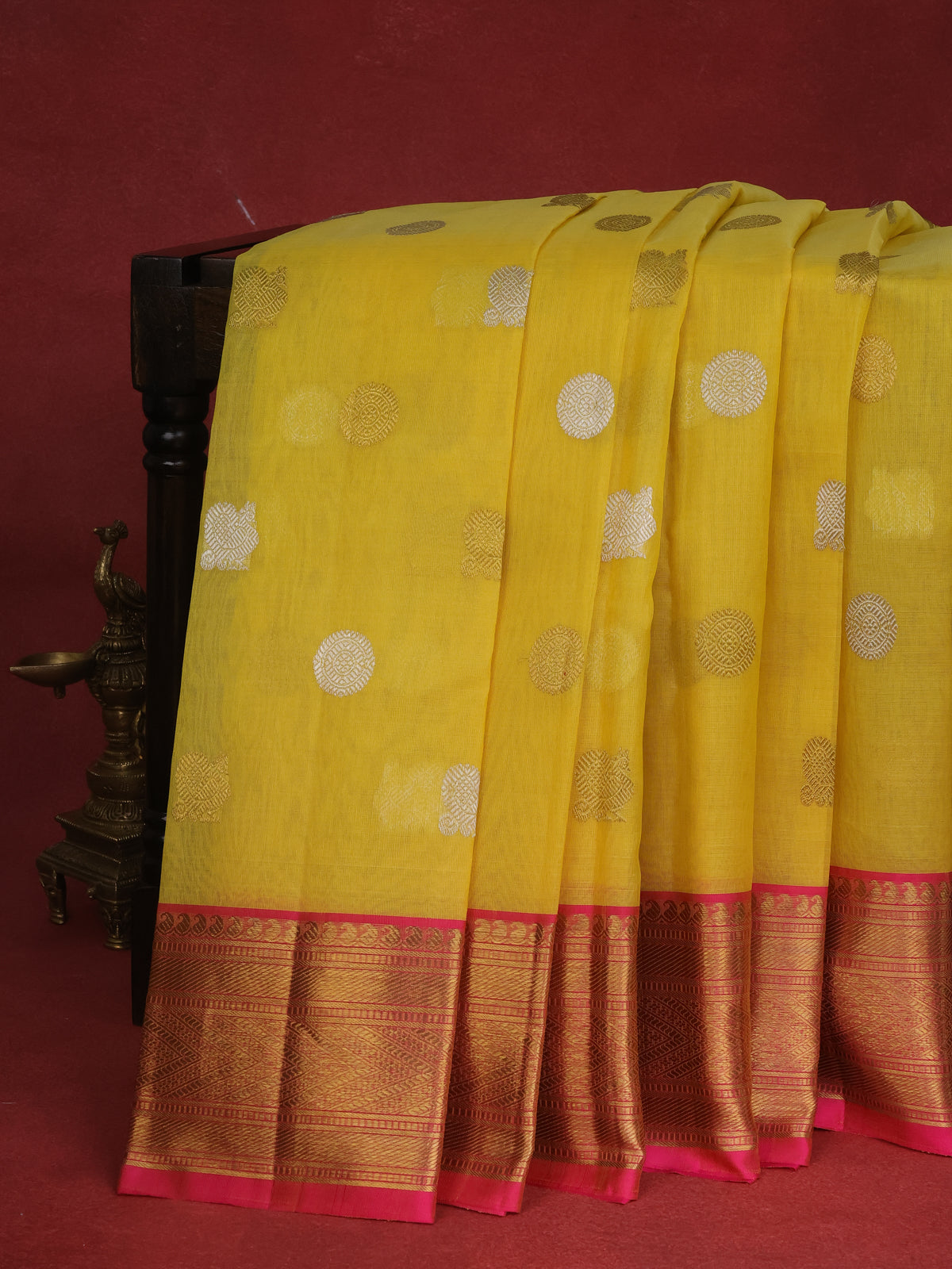 Yellow & Pink Kanchipuram Kora Silk Saree With Silver & Gold Zari Buttas Rich Zari Border