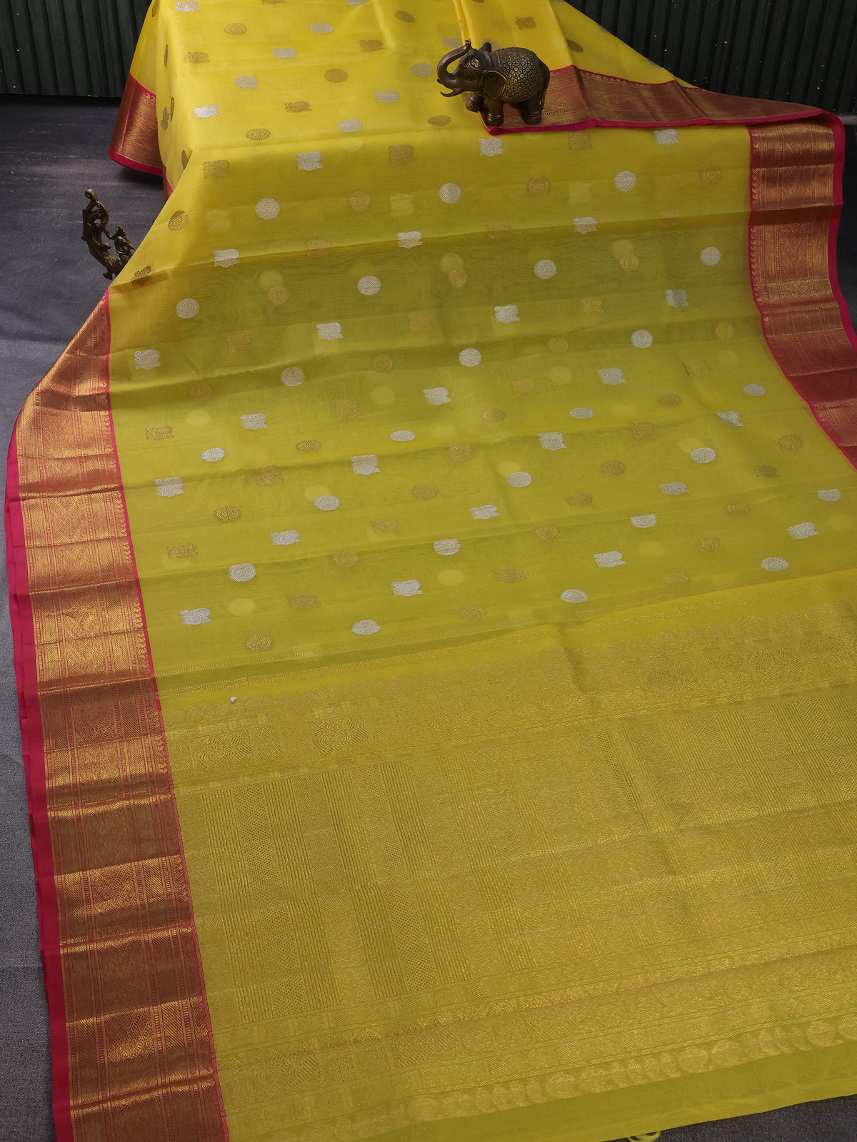 Yellow & Pink Kanchipuram Kora Silk Saree With Silver & Gold Zari Buttas Rich Zari Border