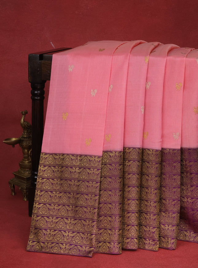 Peach Pink & Deep Purple Kanchipuram Kora Silk Saree With Zari Buttas & Rich Zari Border
