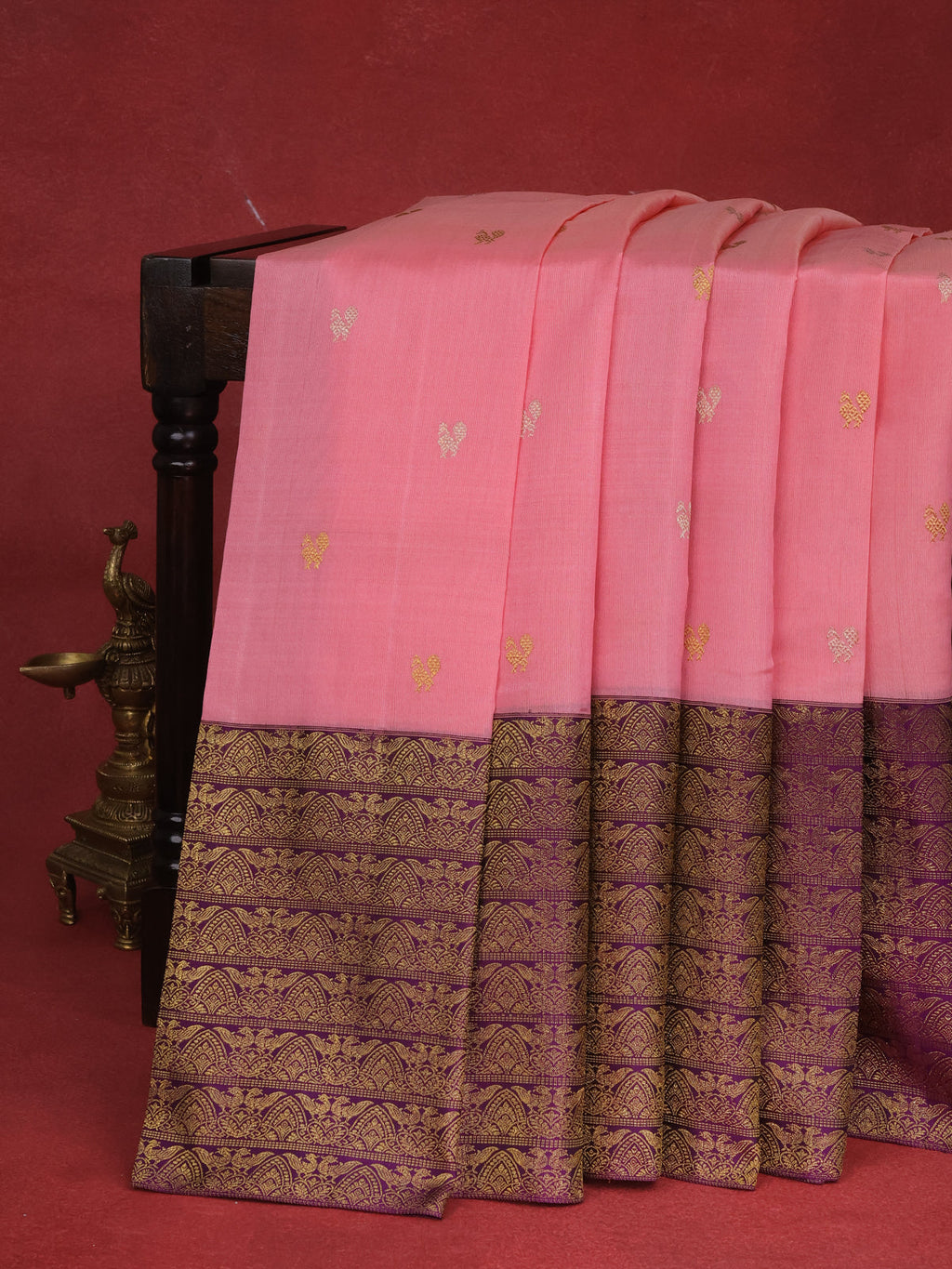 Peach Pink & Deep Purple Kanchipuram Kora Silk Saree With Zari Buttas & Rich Zari Border