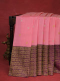 Peach Pink & Deep Purple Kanchipuram Kora Silk Saree With Zari Buttas & Rich Zari Border
