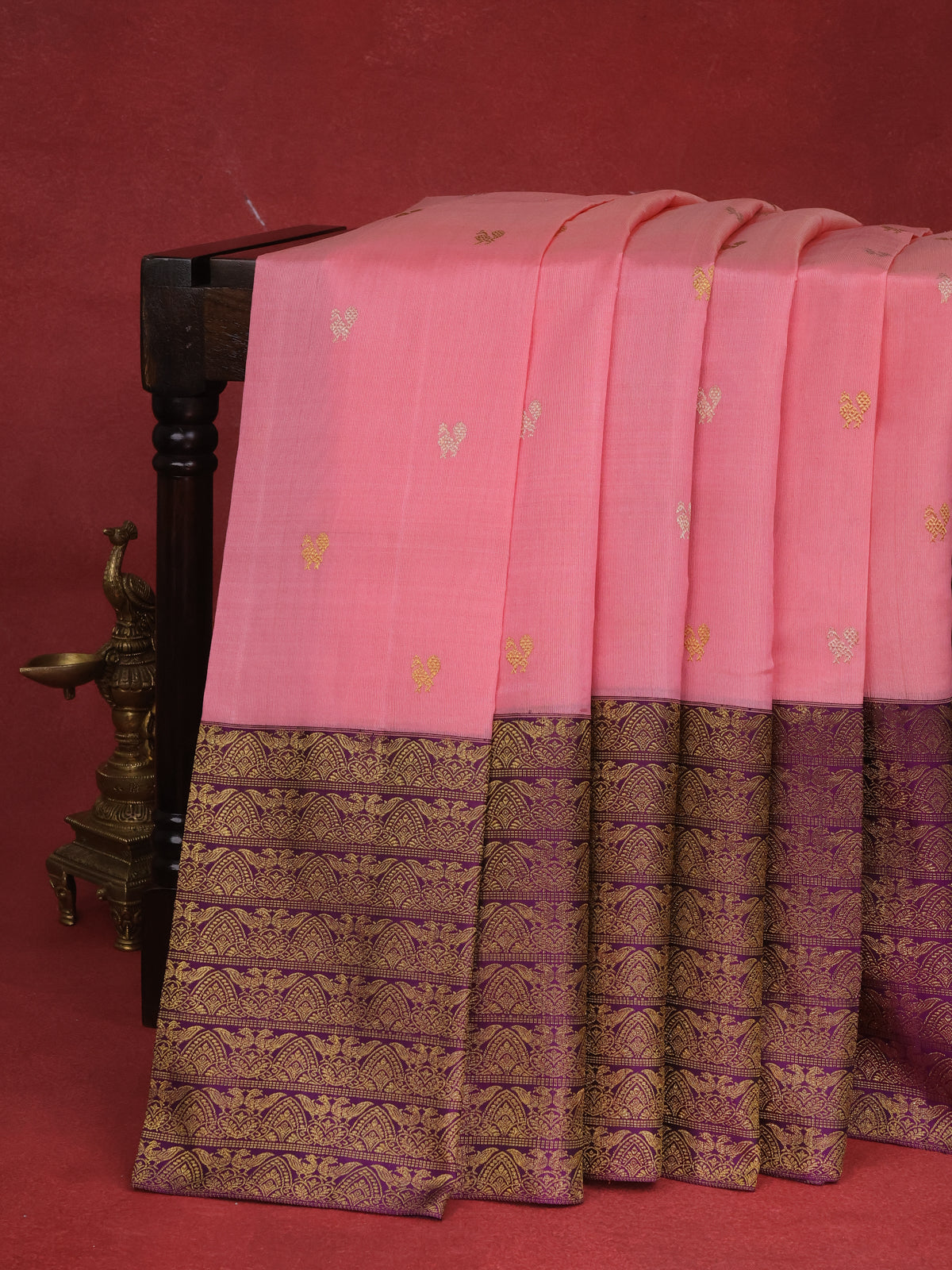 Peach Pink & Deep Purple Kanchipuram Kora Silk Saree With Zari Buttas & Rich Zari Border