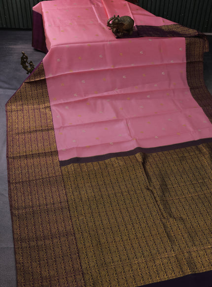 Peach Pink & Deep Purple Kanchipuram Kora Silk Saree With Zari Buttas & Rich Zari Border
