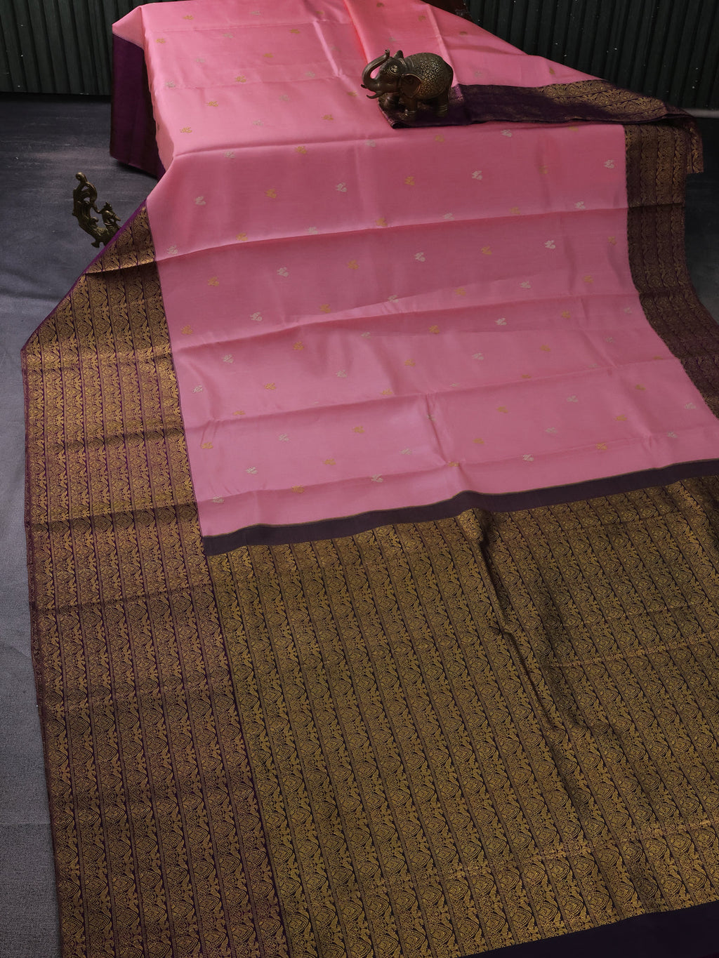 Peach Pink & Deep Purple Kanchipuram Kora Silk Saree With Zari Buttas & Rich Zari Border