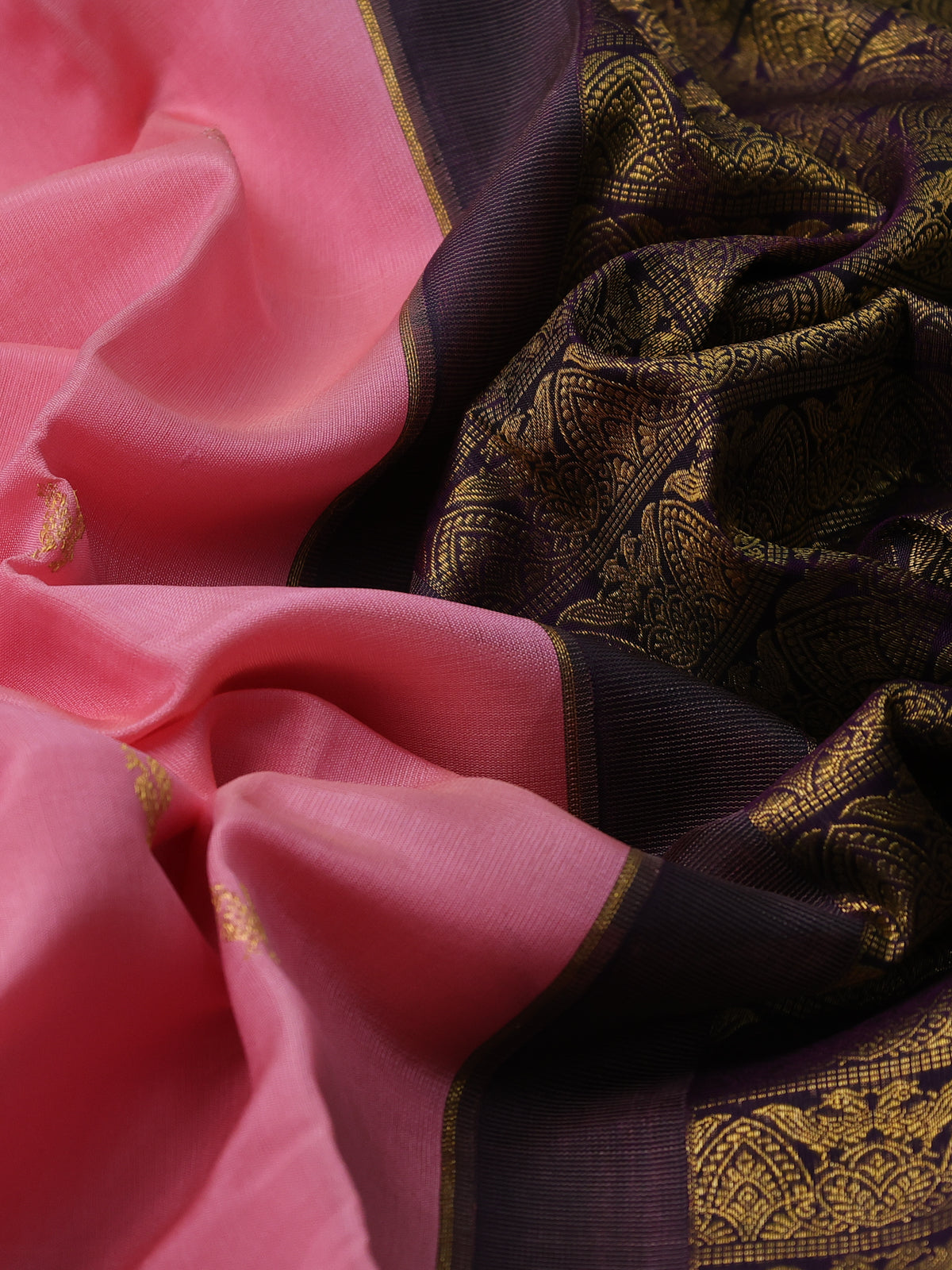 Peach Pink & Deep Purple Kanchipuram Kora Silk Saree With Zari Buttas & Rich Zari Border