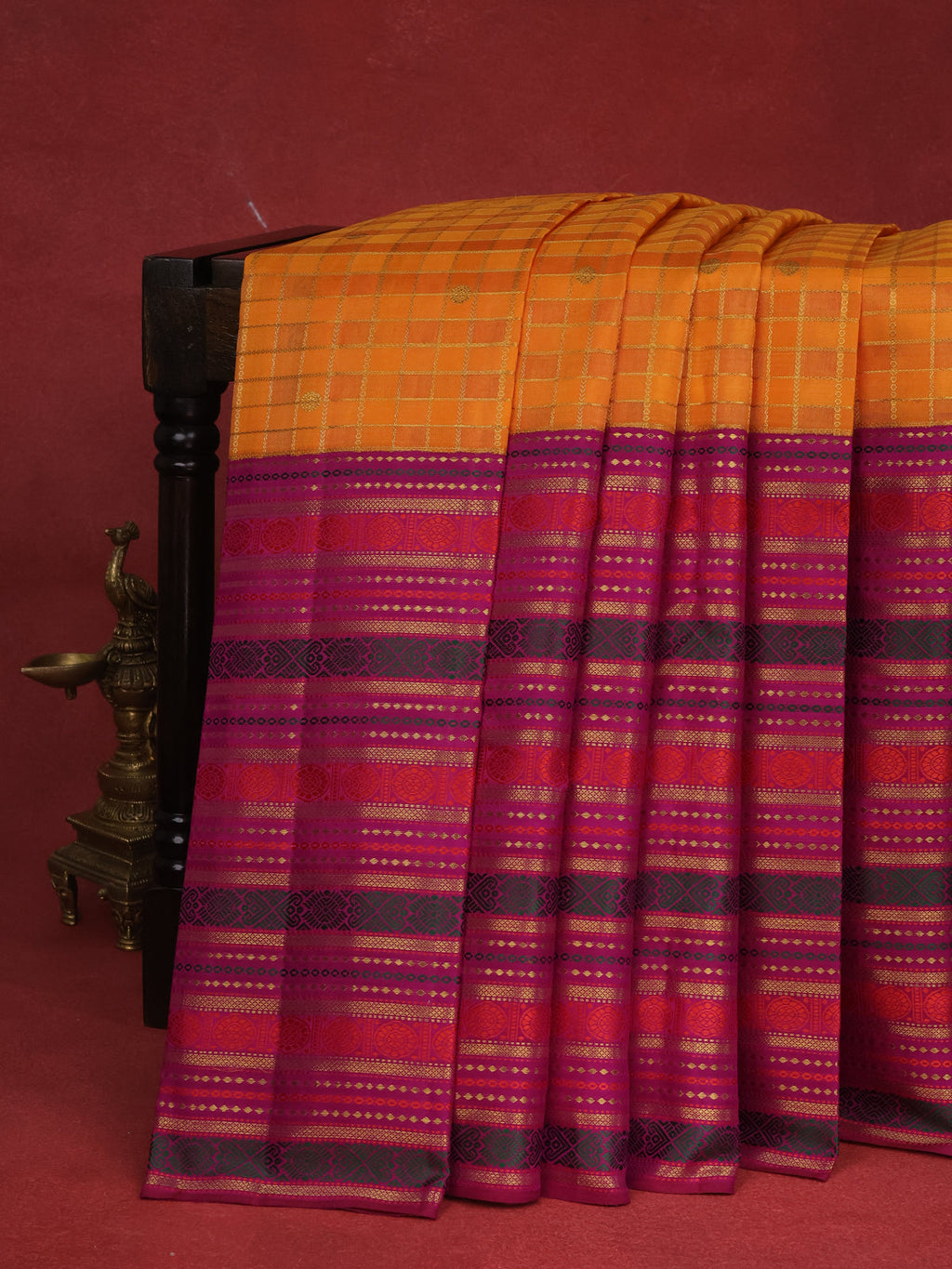 Mango Yellow-Purple Kanchipuram Silk Saree With Allover Zari Checks & Long Zari Border