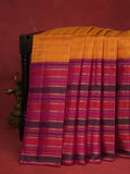 Mango Yellow-Purple Kanchipuram Silk Saree With Allover Zari Checks & Long Zari Border
