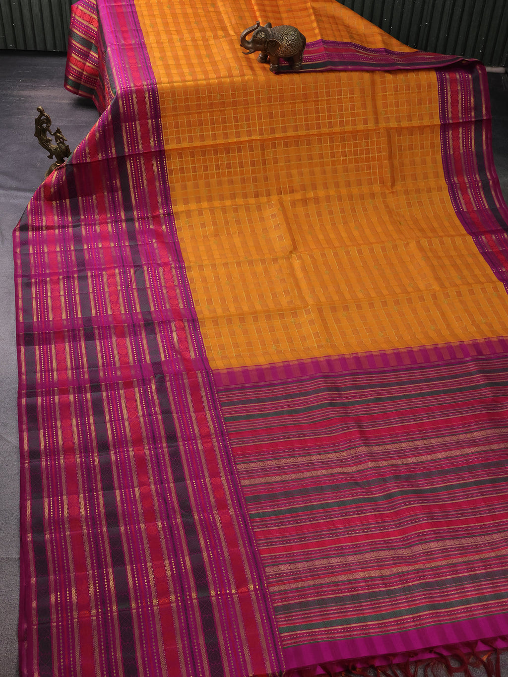 Mango Yellow-Purple Kanchipuram Silk Saree With Allover Zari Checks & Long Zari Border