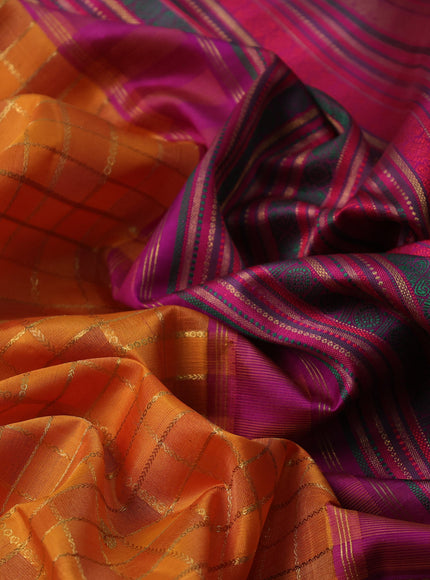 Mango Yellow-Purple Kanchipuram Silk Saree With Allover Zari Checks & Long Zari Border