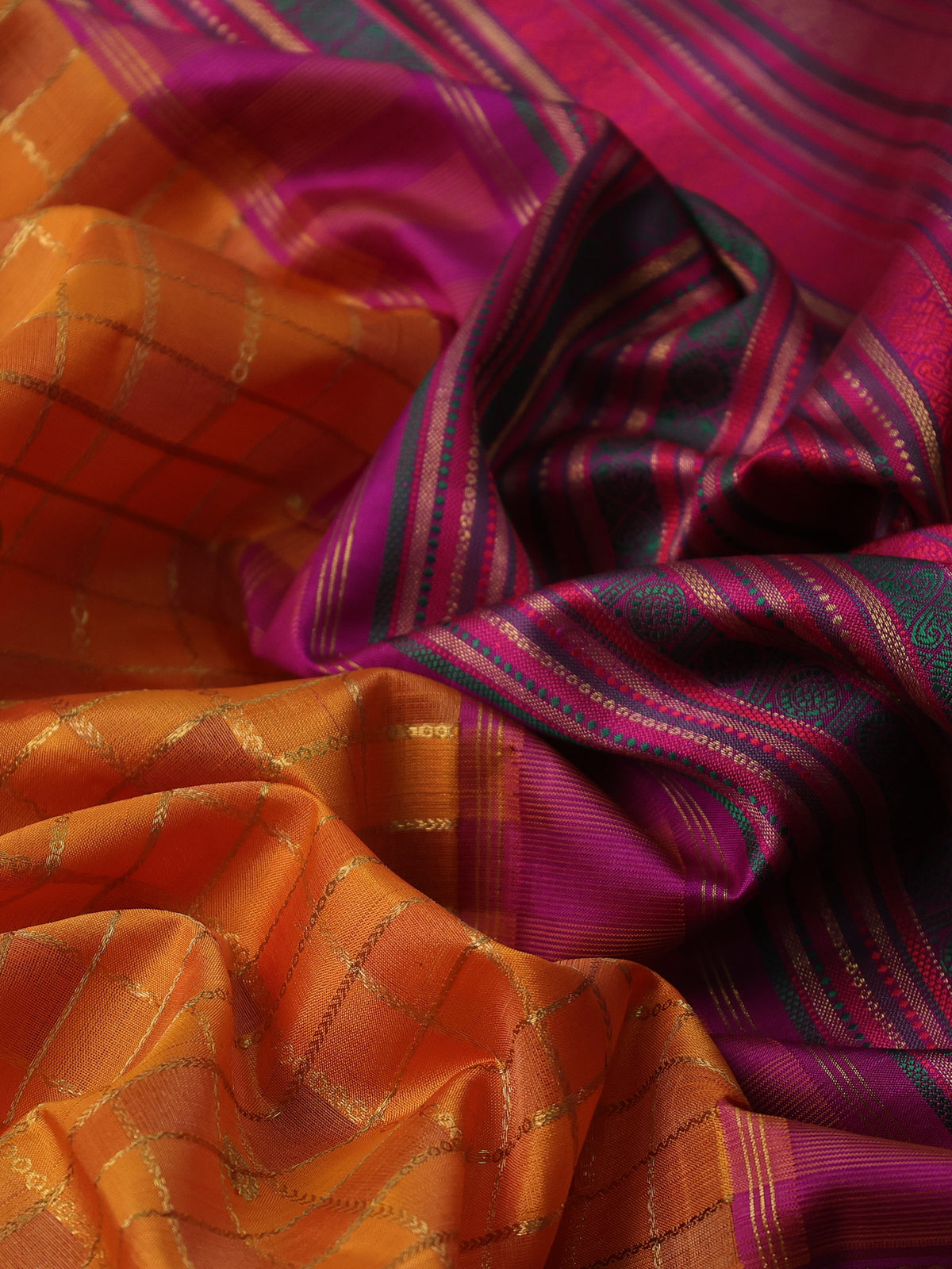 Mango Yellow-Purple Kanchipuram Silk Saree With Allover Zari Checks & Long Zari Border