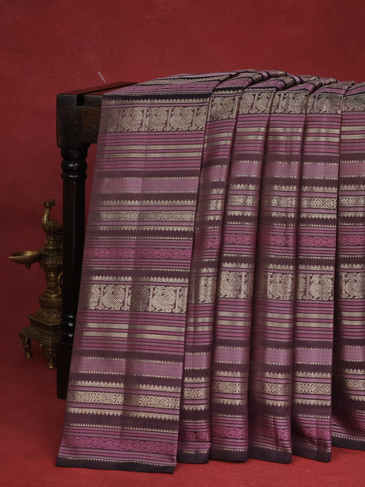 Brown-Pastel Pink Kanchipuram Silk Saree With allover thread & zari weaves