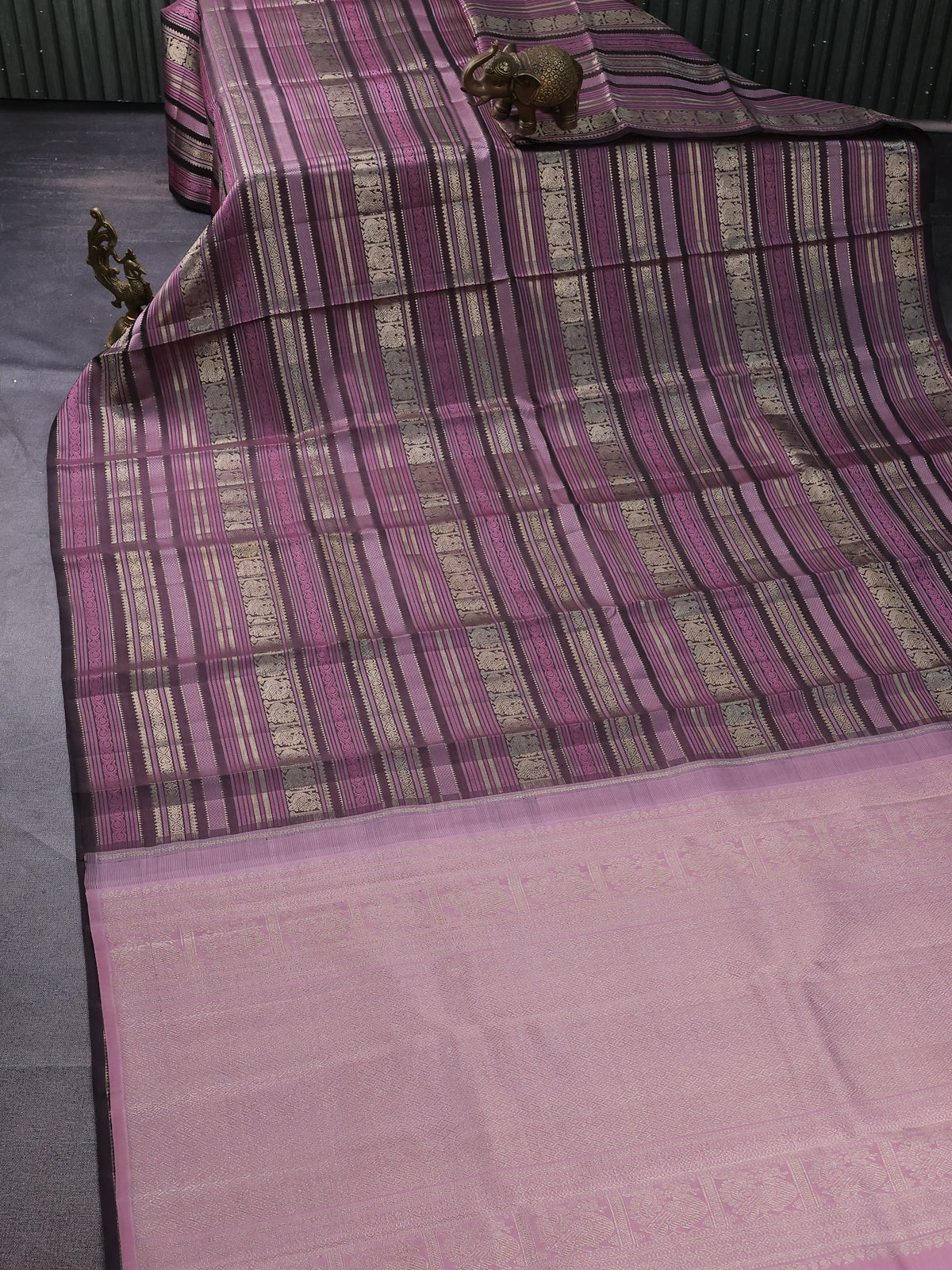 Brown-Pastel Pink Kanchipuram Silk Saree With allover thread & zari weaves
