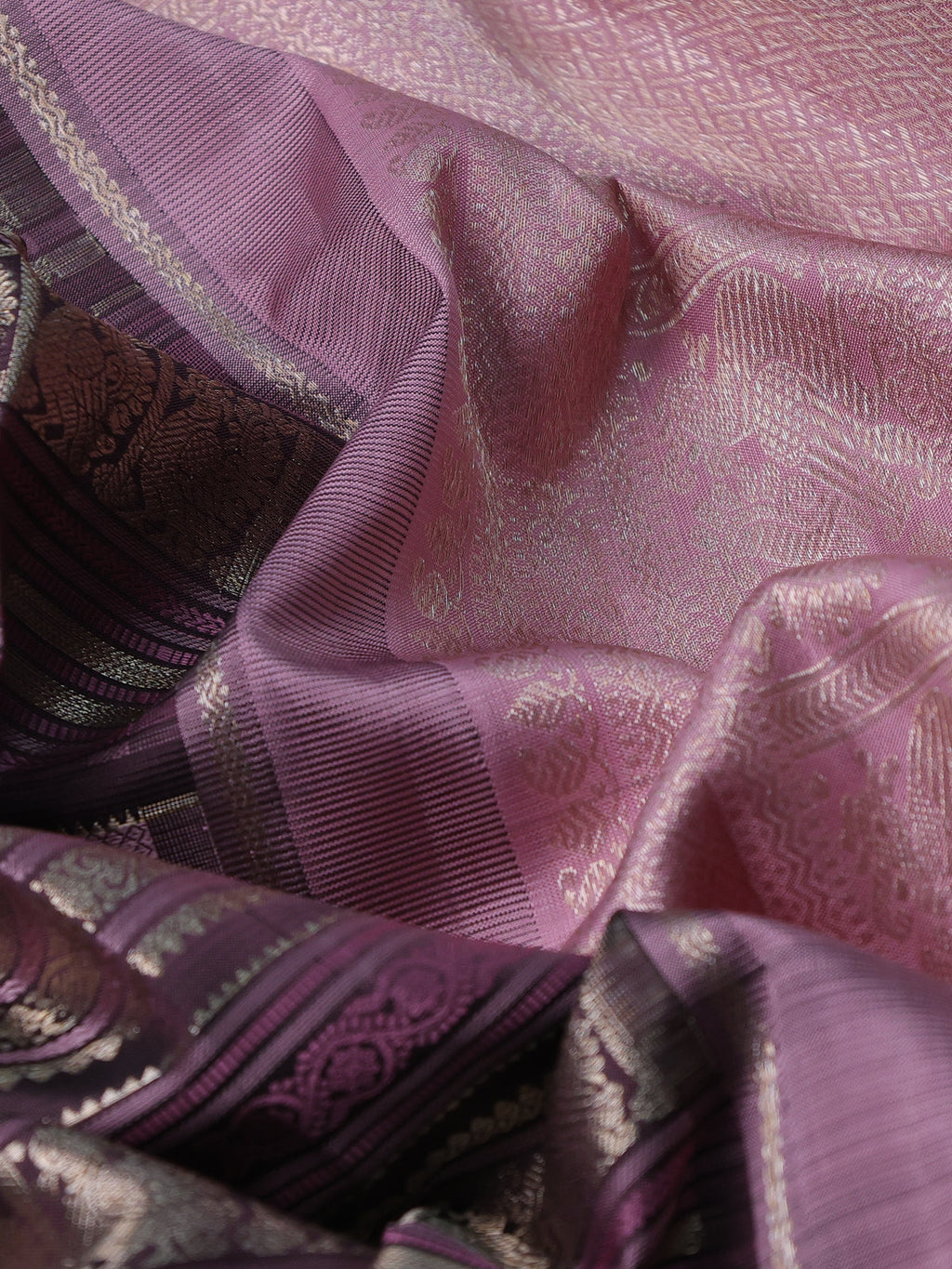 Brown-Pastel Pink Kanchipuram Silk Saree With allover thread & zari weaves