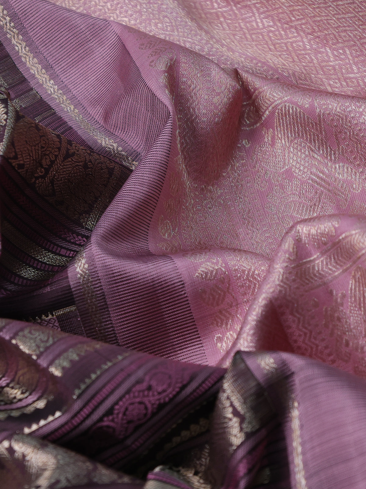 Brown-Pastel Pink Kanchipuram Silk Saree With allover thread & zari weaves