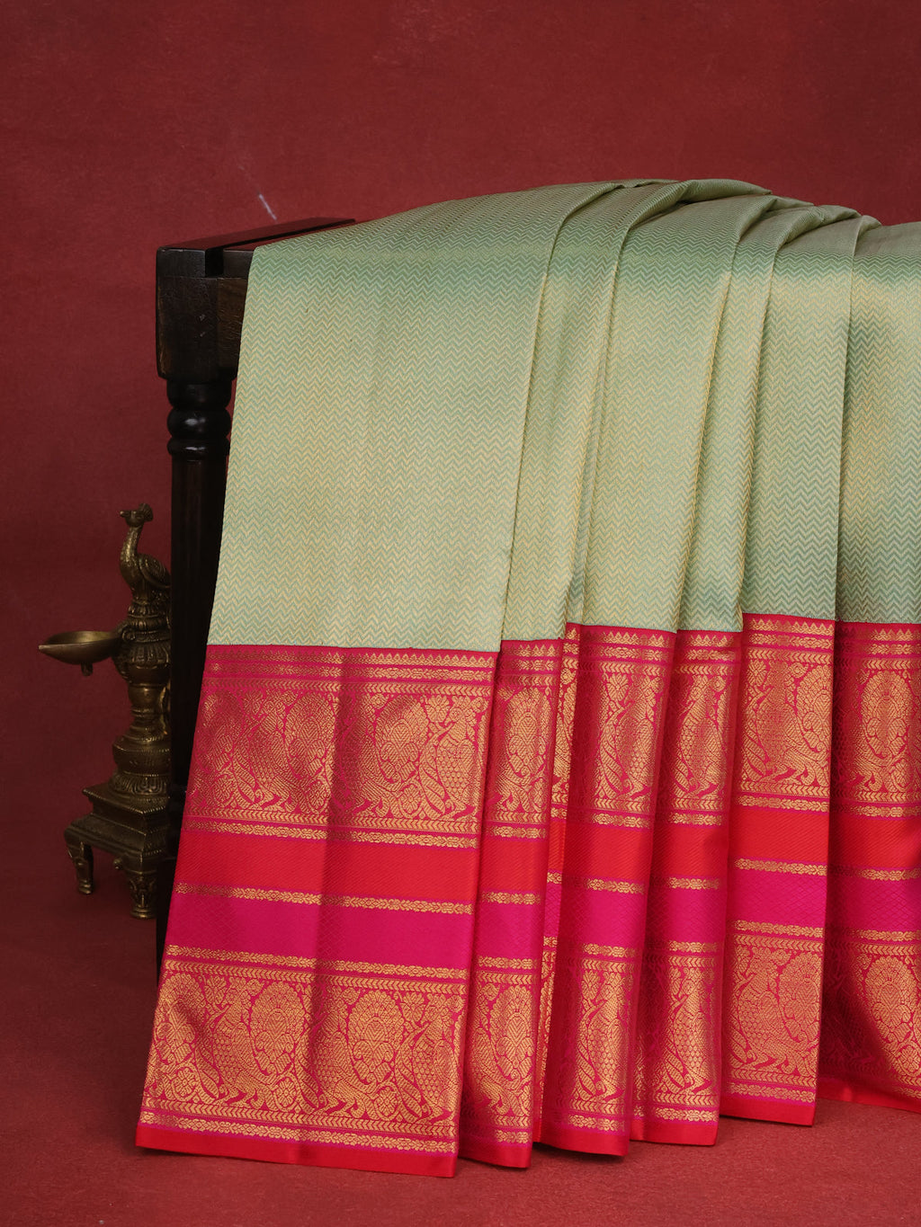 Pastel Green-Pink Kanchipuram Tissue Silk Saree With Allover Weaves & Rich Zari Border