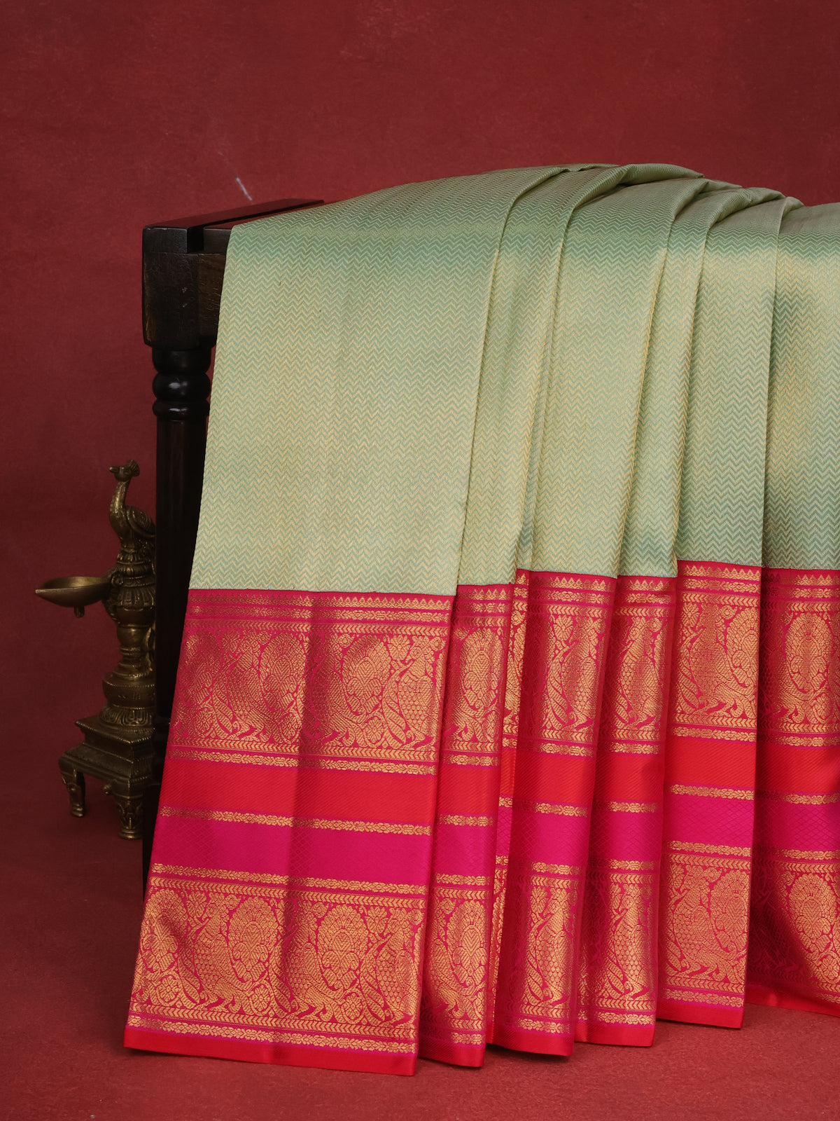 Pastel Green-Pink Kanchipuram Tissue Silk Saree With Allover Weaves & Rich Zari Border