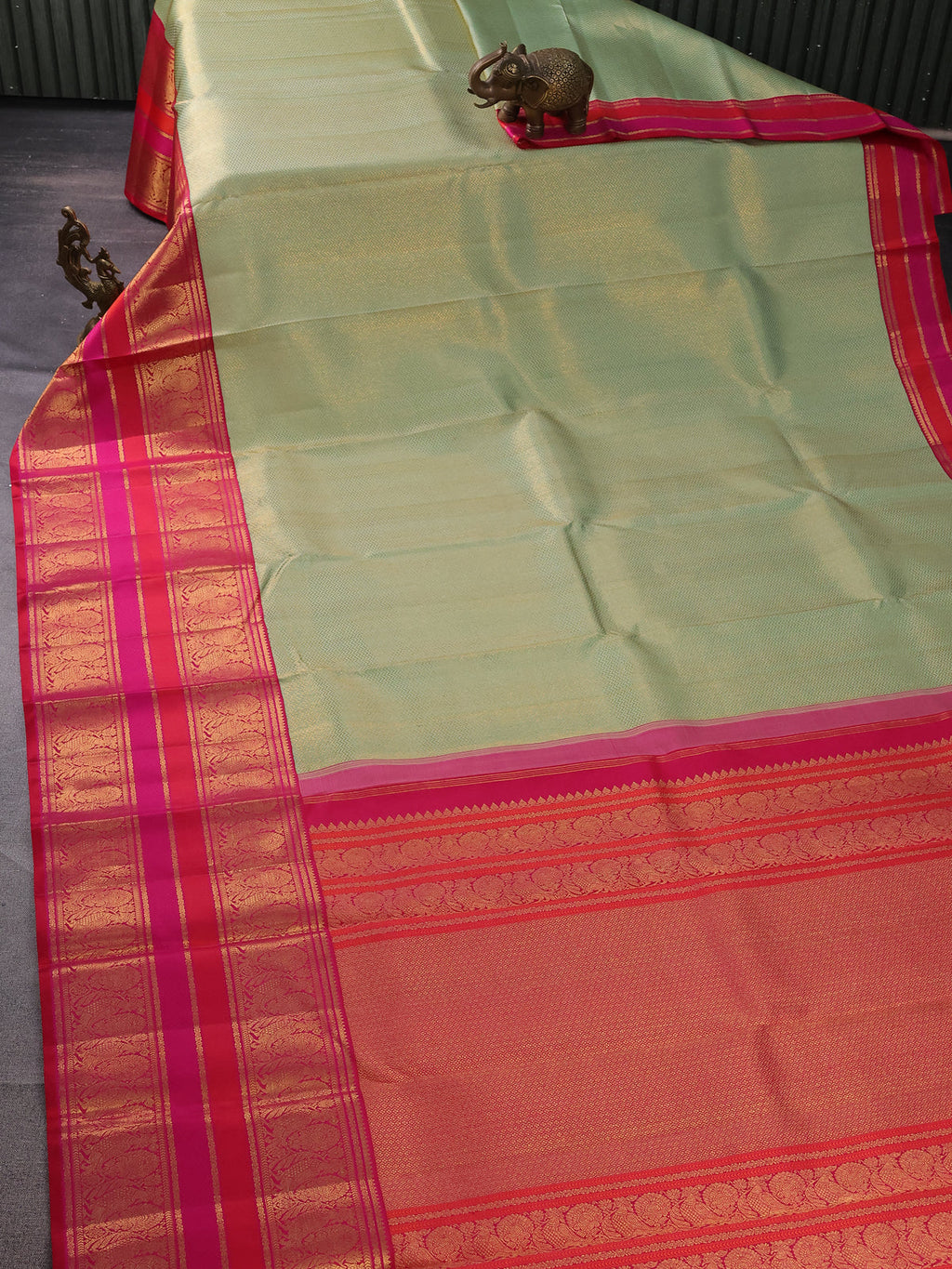 Pastel Green-Pink Kanchipuram Tissue Silk Saree With Allover Weaves & Rich Zari Border