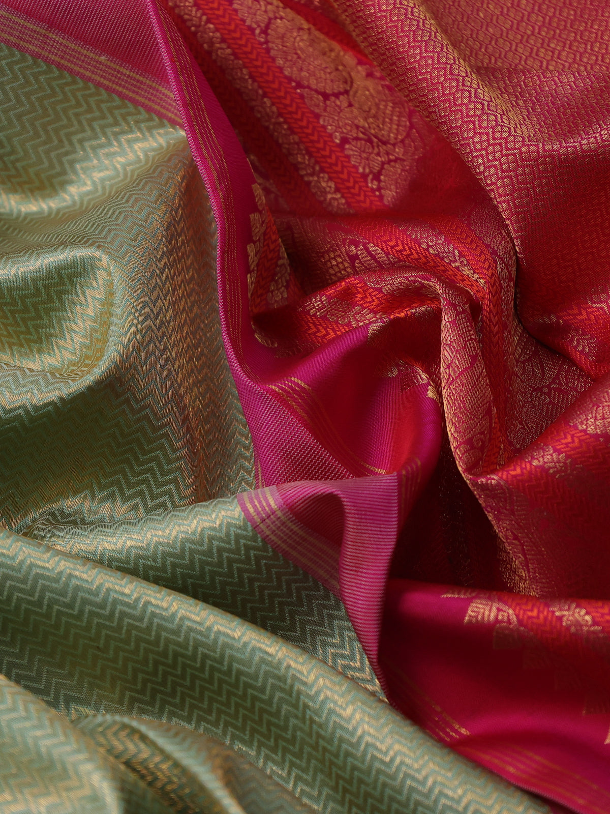 Pastel Green-Pink Kanchipuram Tissue Silk Saree With Allover Weaves & Rich Zari Border