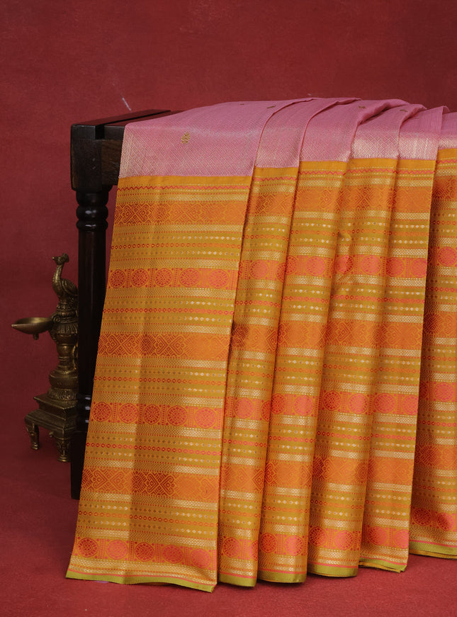 Light Pink-Mustard Yellow Kanchipuram Tissue Silk Saree With Allover Weaves & Rich Zari Border