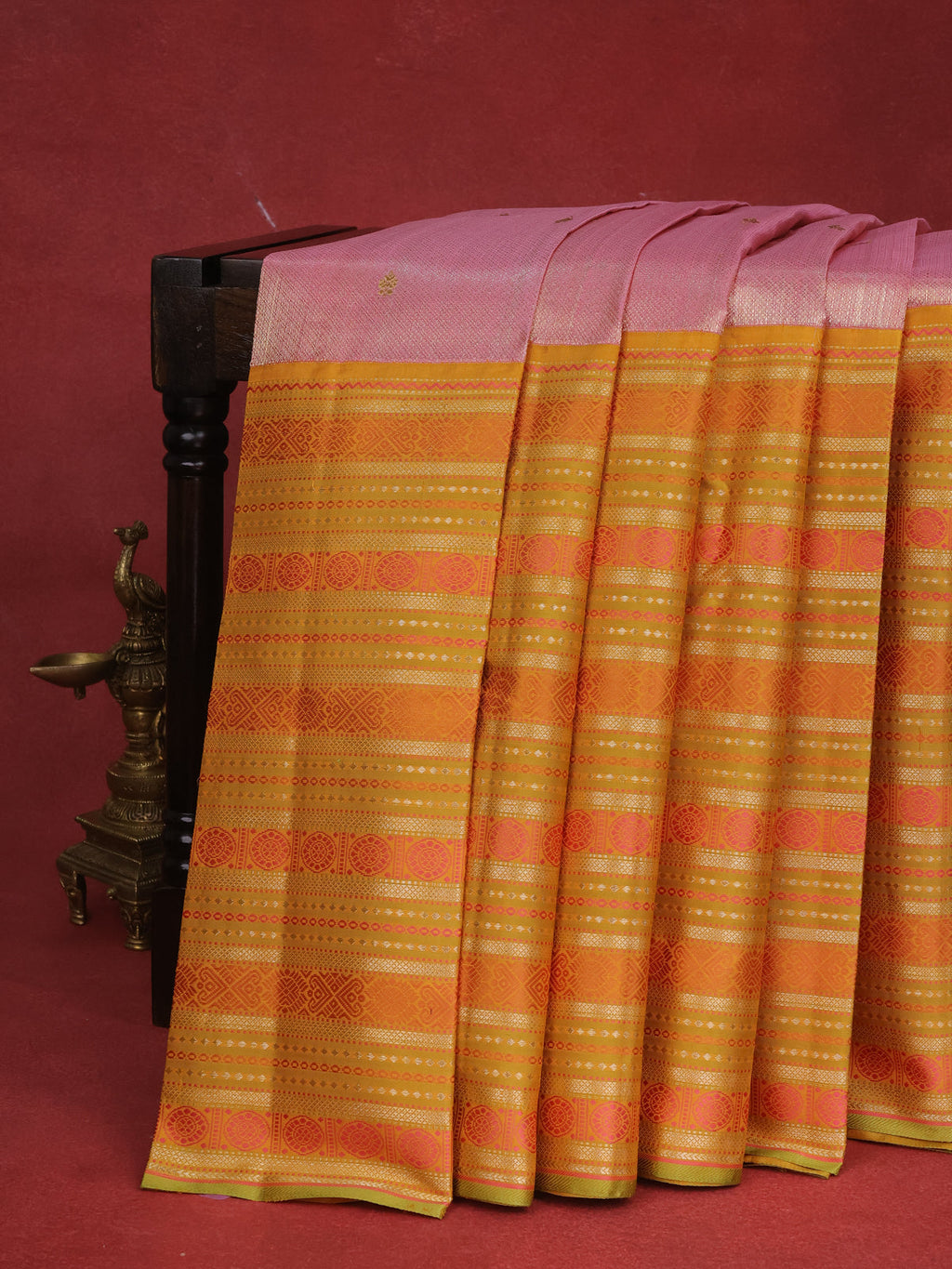 Light Pink-Mustard Yellow Kanchipuram Tissue Silk Saree With Allover Weaves & Rich Zari Border