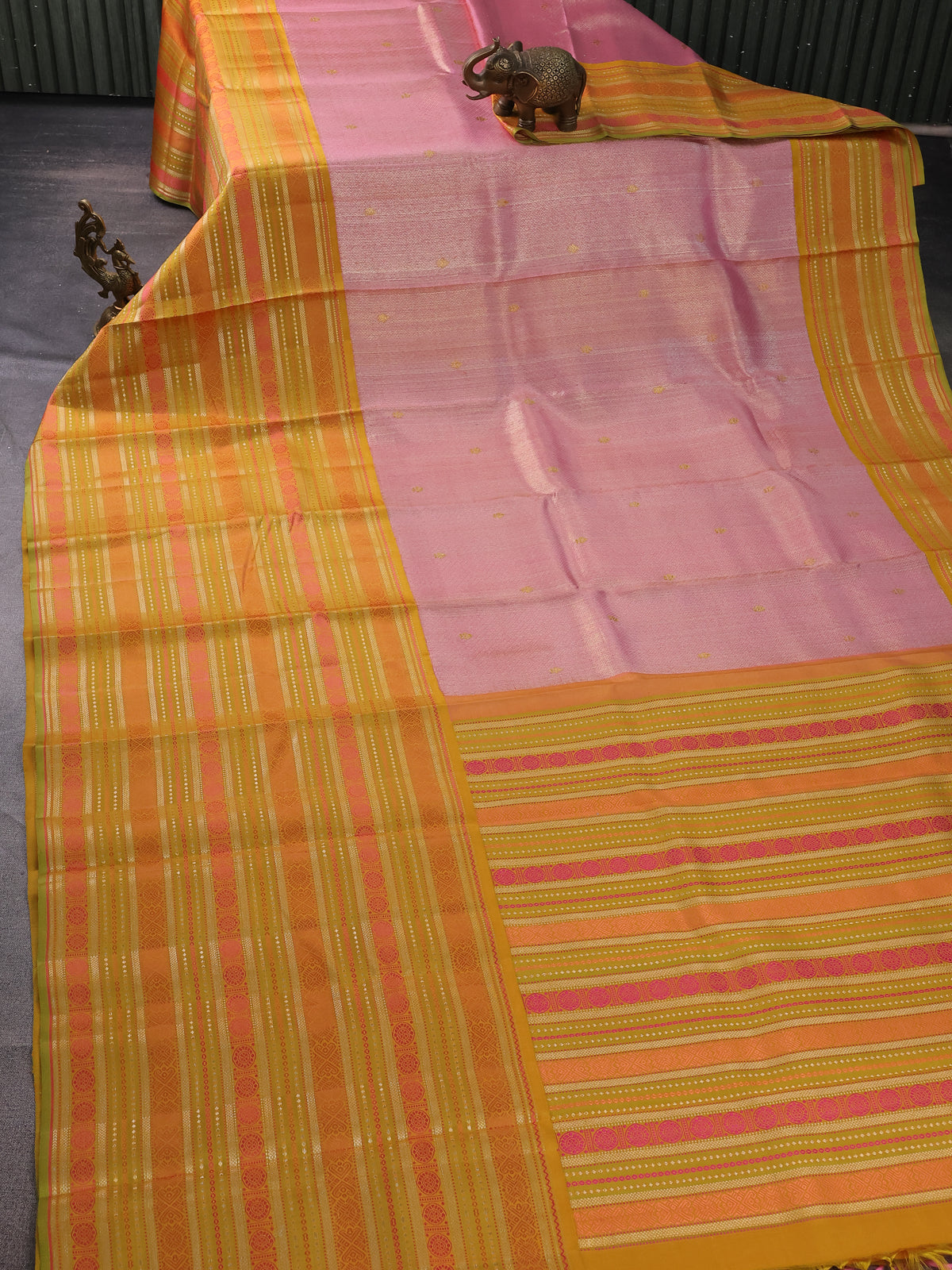 Light Pink-Mustard Yellow Kanchipuram Tissue Silk Saree With Allover Weaves & Rich Zari Border