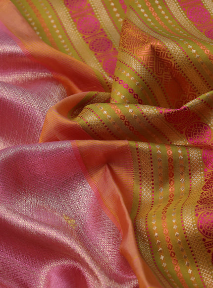Light Pink-Mustard Yellow Kanchipuram Tissue Silk Saree With Allover Weaves & Rich Zari Border