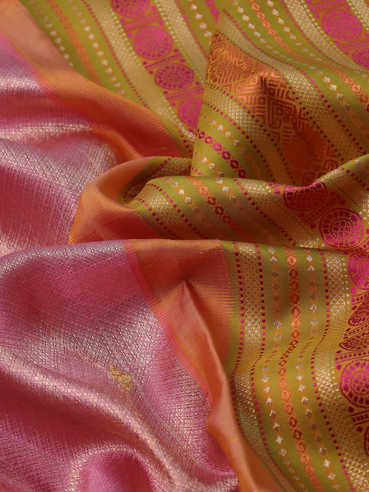 Light Pink-Mustard Yellow Kanchipuram Tissue Silk Saree With Allover Weaves & Rich Zari Border