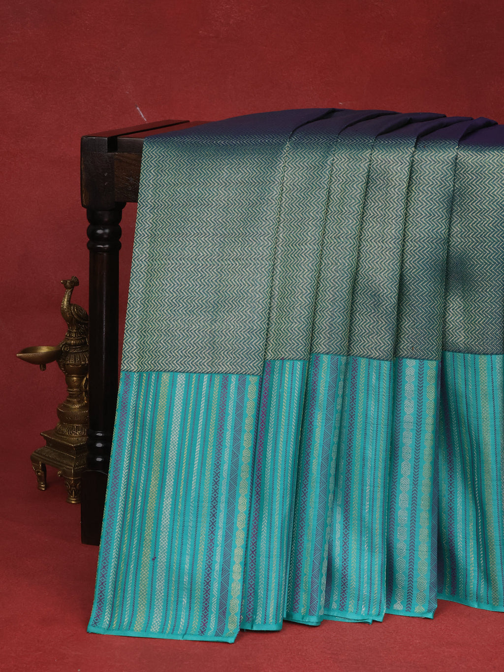 Peacock Green -Teal Green Kanchipuram Silk Saree With allover Zari weaves & Rich Border