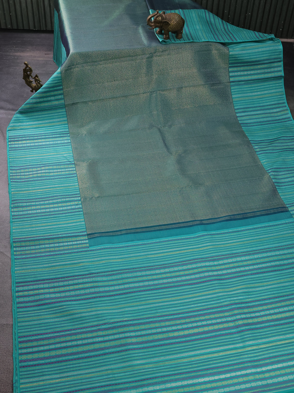 Peacock Green -Teal Green Kanchipuram Silk Saree With allover Zari weaves & Rich Border