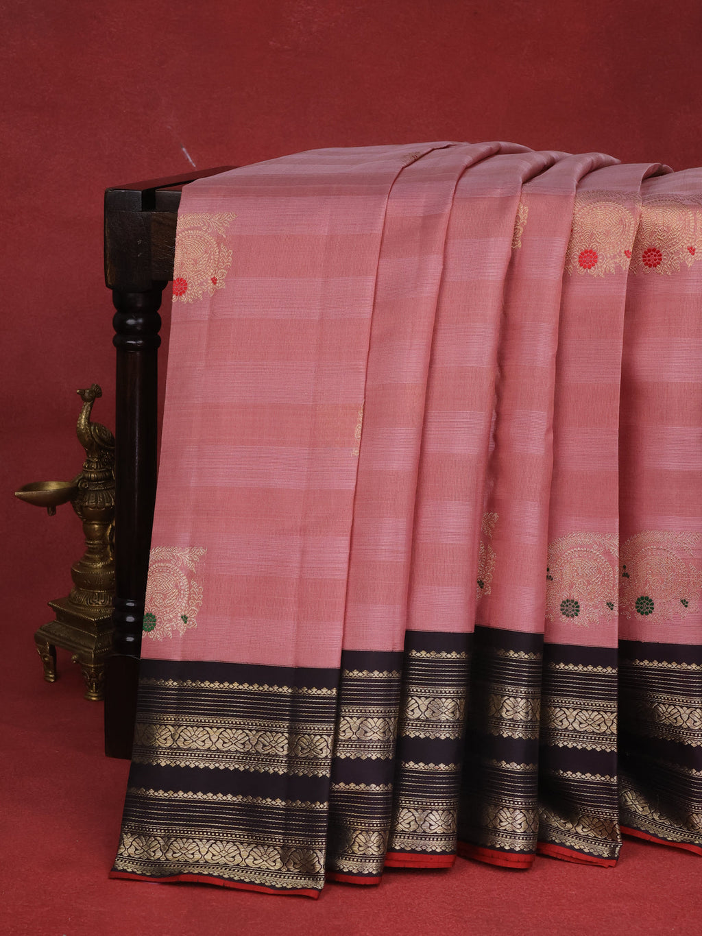 Peach-Coffee Brown Kanchipuram Silk Saree With golden zari buttas & Rich zari border