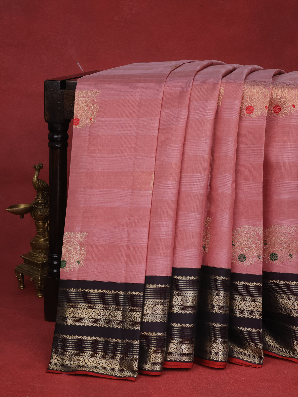 Peach-Coffee Brown Kanchipuram Silk Saree With golden zari buttas & Rich zari border